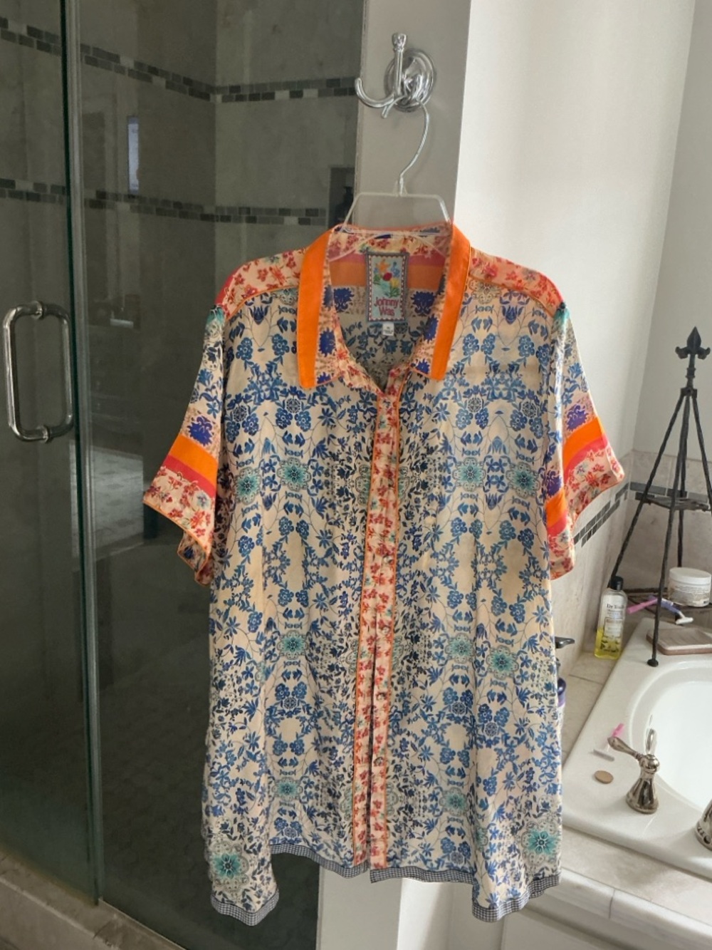 Johnny Was Women’s Beige & Blue Floral Short-Sleeve Shirt with Orange Trim